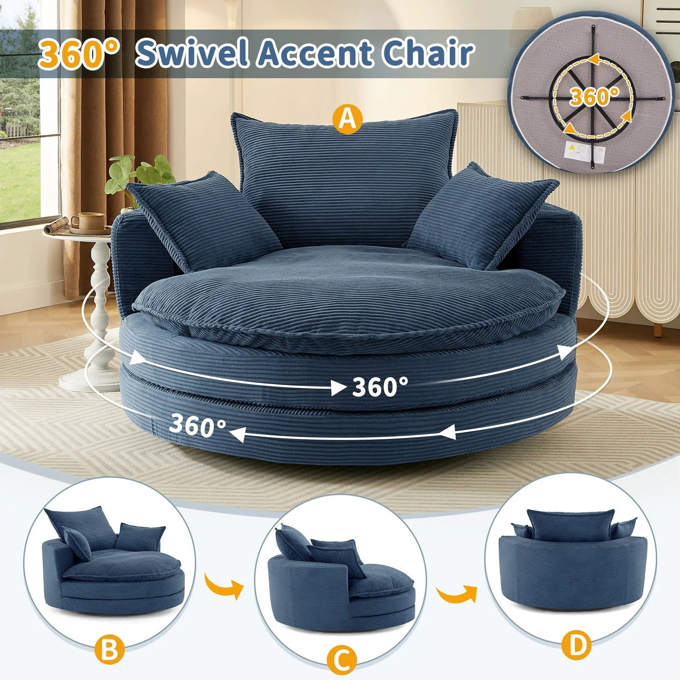 360° Swivel Accent Barrel Chair With Dual Layer Cushion And 3 Removable Pillows by HouseOfZazla