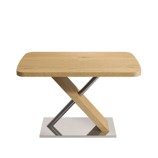 Retractable Square Dining Table, Seating 4 - 6 People, Cross Base With Stainless Steel Tubing, Expandable - Natural, photo 2 of 7