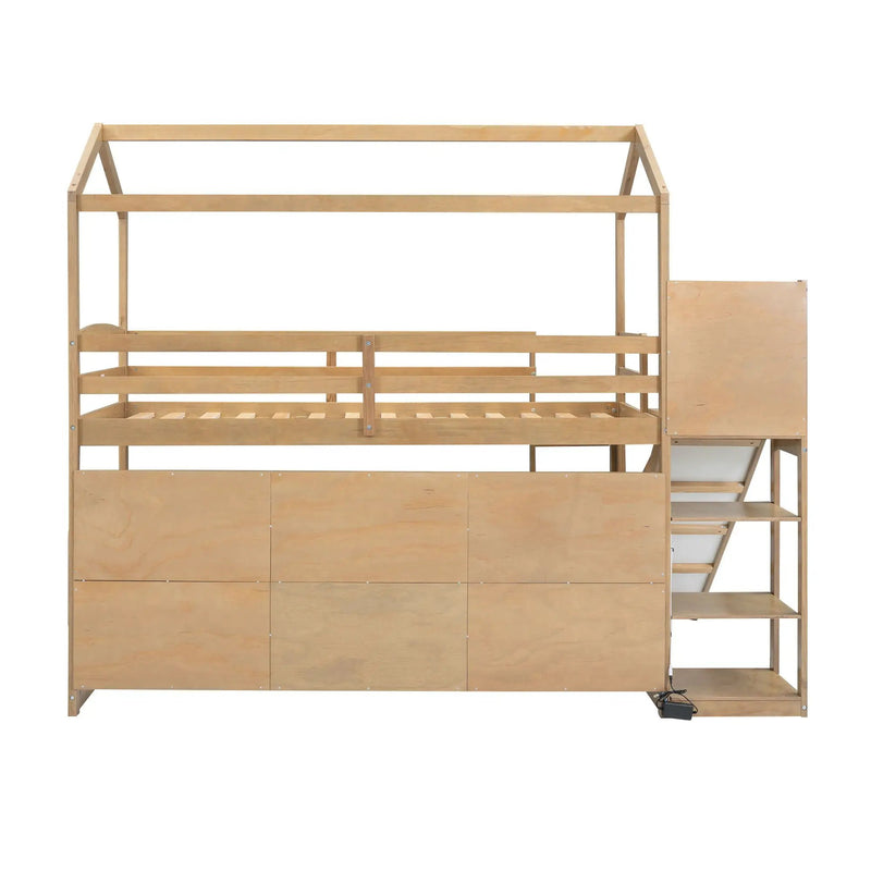 House Loft Bed With Slide, Storage Shelves And Light, Climbing Ramp by HouseOfZazla
