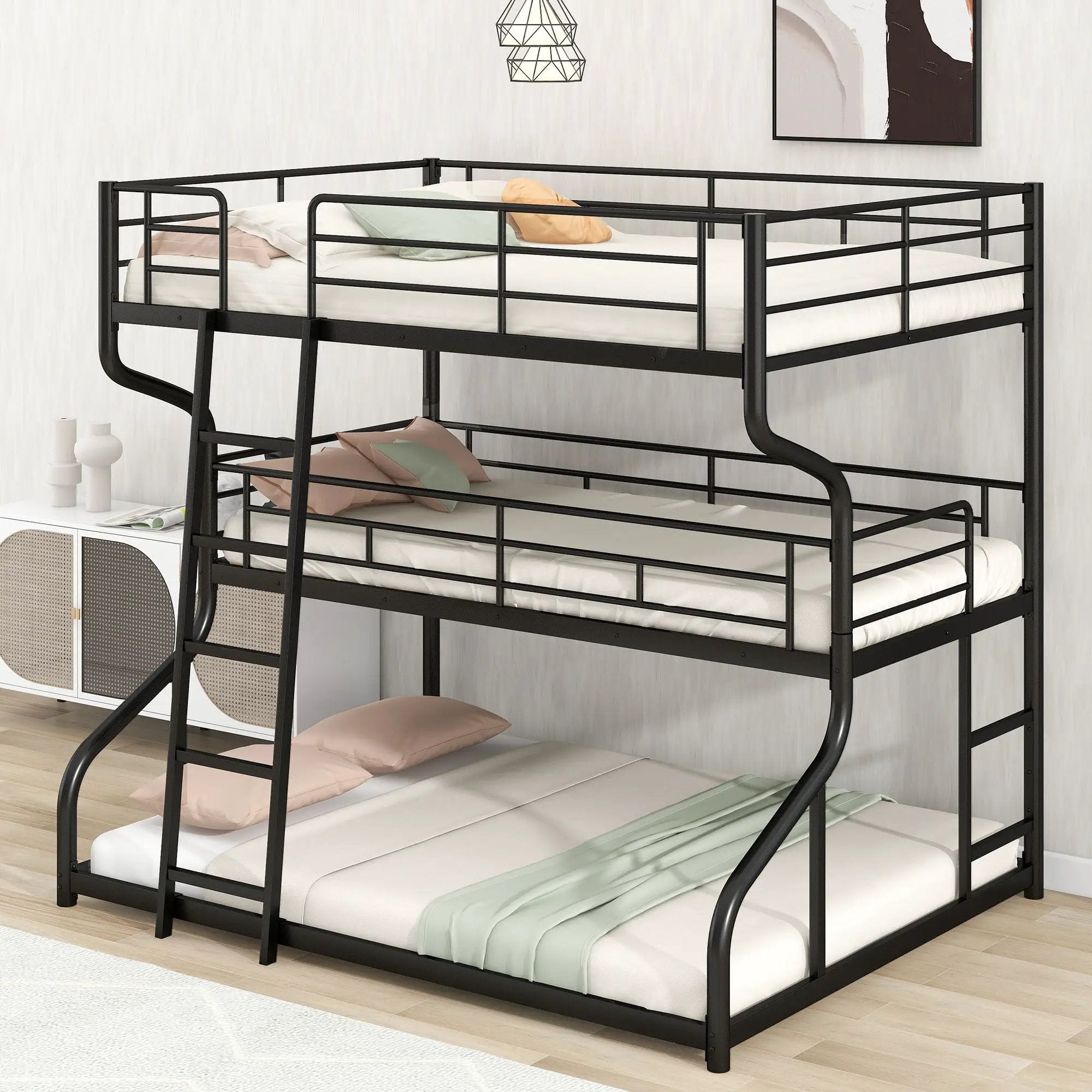 Industrial Triple Bunk Bed With Dual Ladders Frame, Space Saving Design by HouseOfZazla