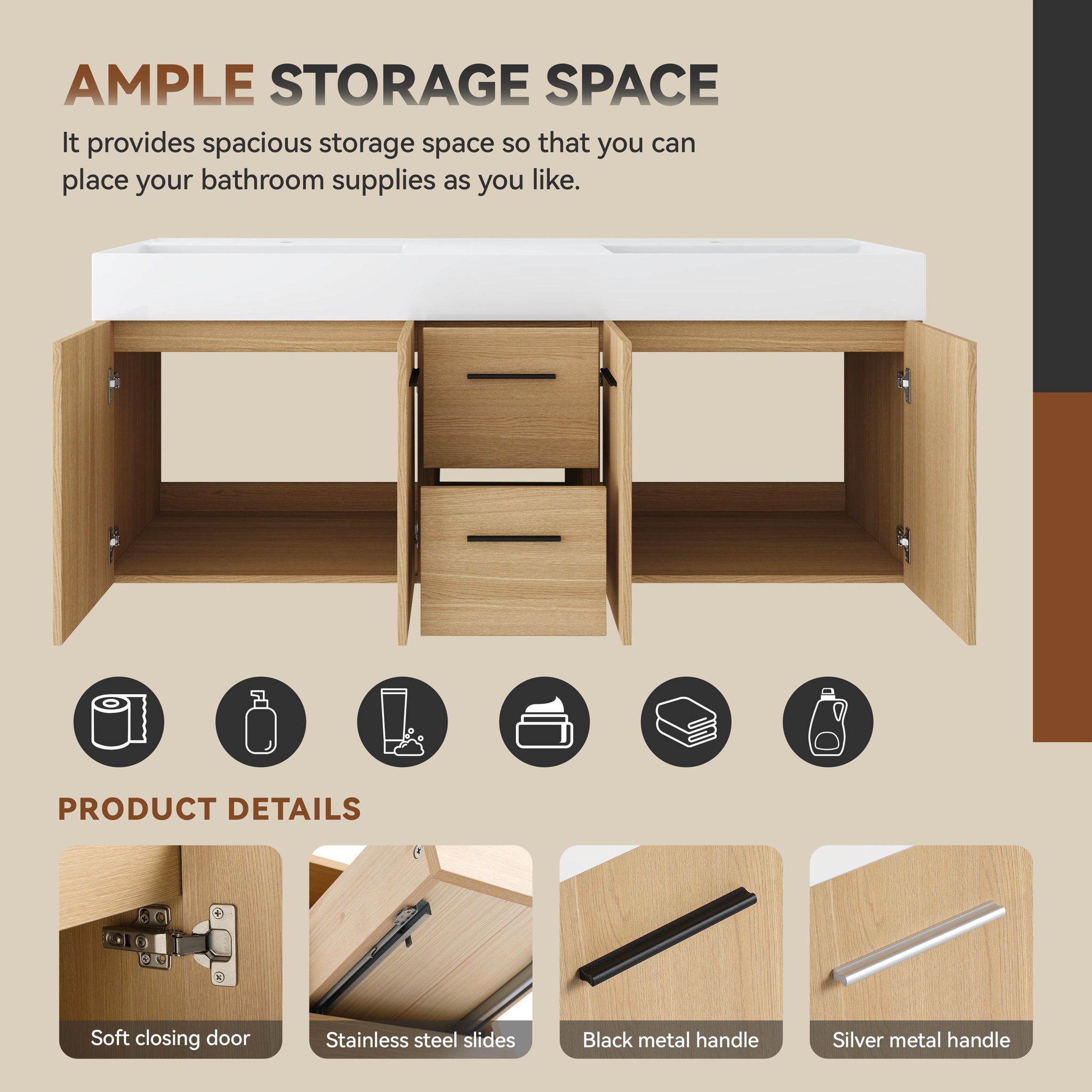 60" Floating Double Sink Bathroom Vanity with Drawers and Doors by HouseOfZazla