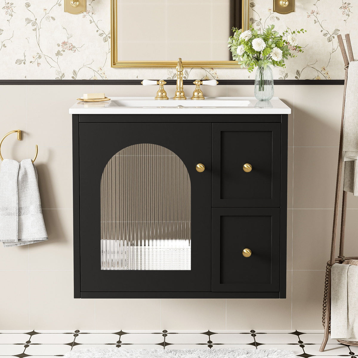 Wall-Mounted Bathroom Vanity Set with Ceramic Sink and Soft-Close Drawers - Black, Beige, or White, photo 4 of 12