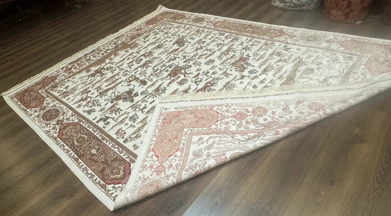 Large Turkish Silk Rug 8x10, Ivory, Hunting Design, Bamboo Silk, New by Jewel Rugs