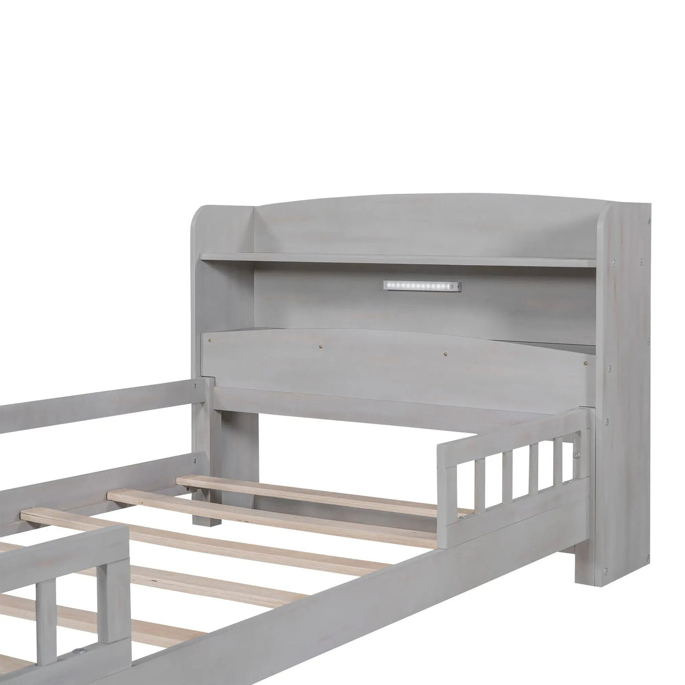 Wood Platform Bed With Built In LED Light, Storage Headboard And Guardrail by HouseOfZazla