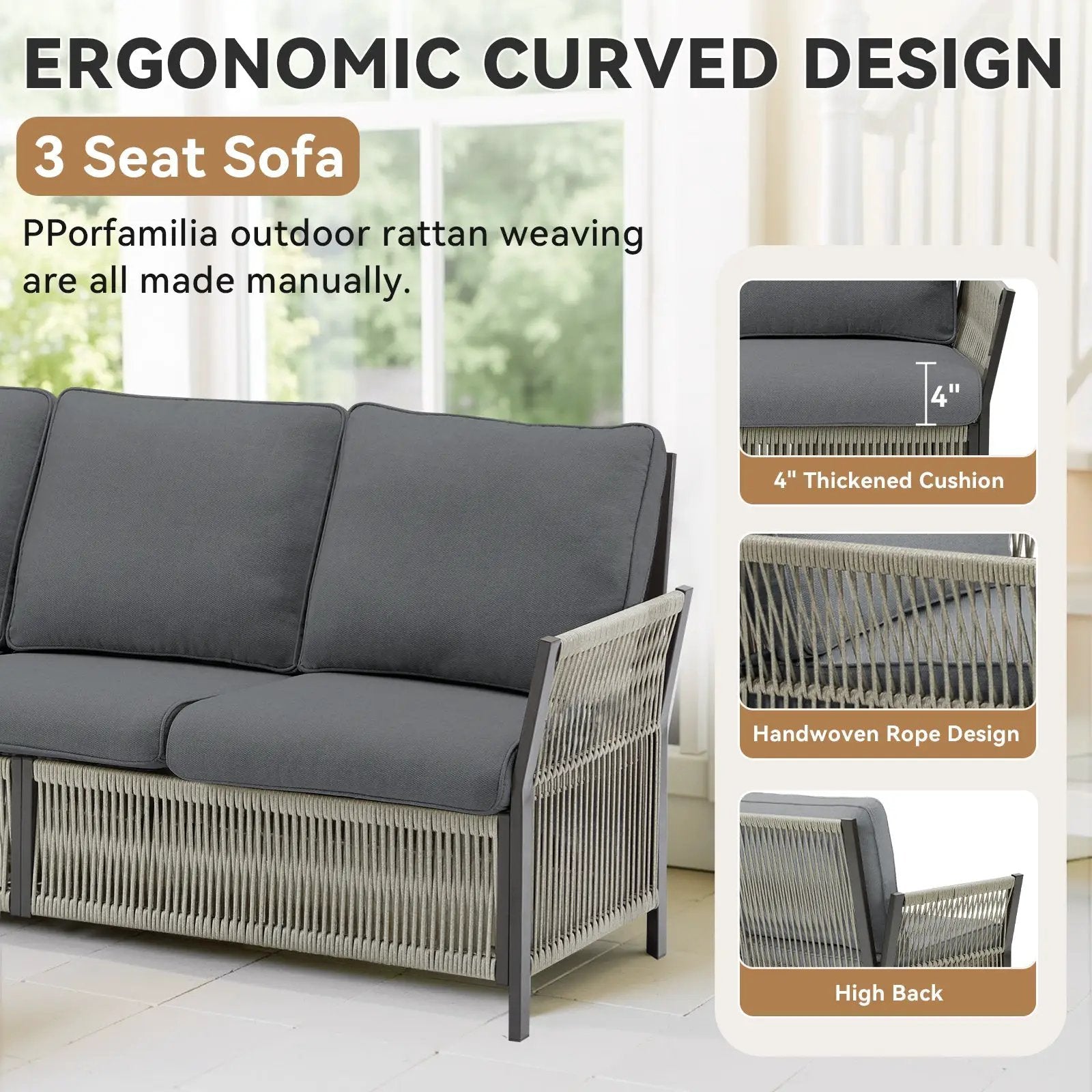 73.6" Outdoor Patio Sofa, 3-Seat Rattan Couch by HouseOfZazla