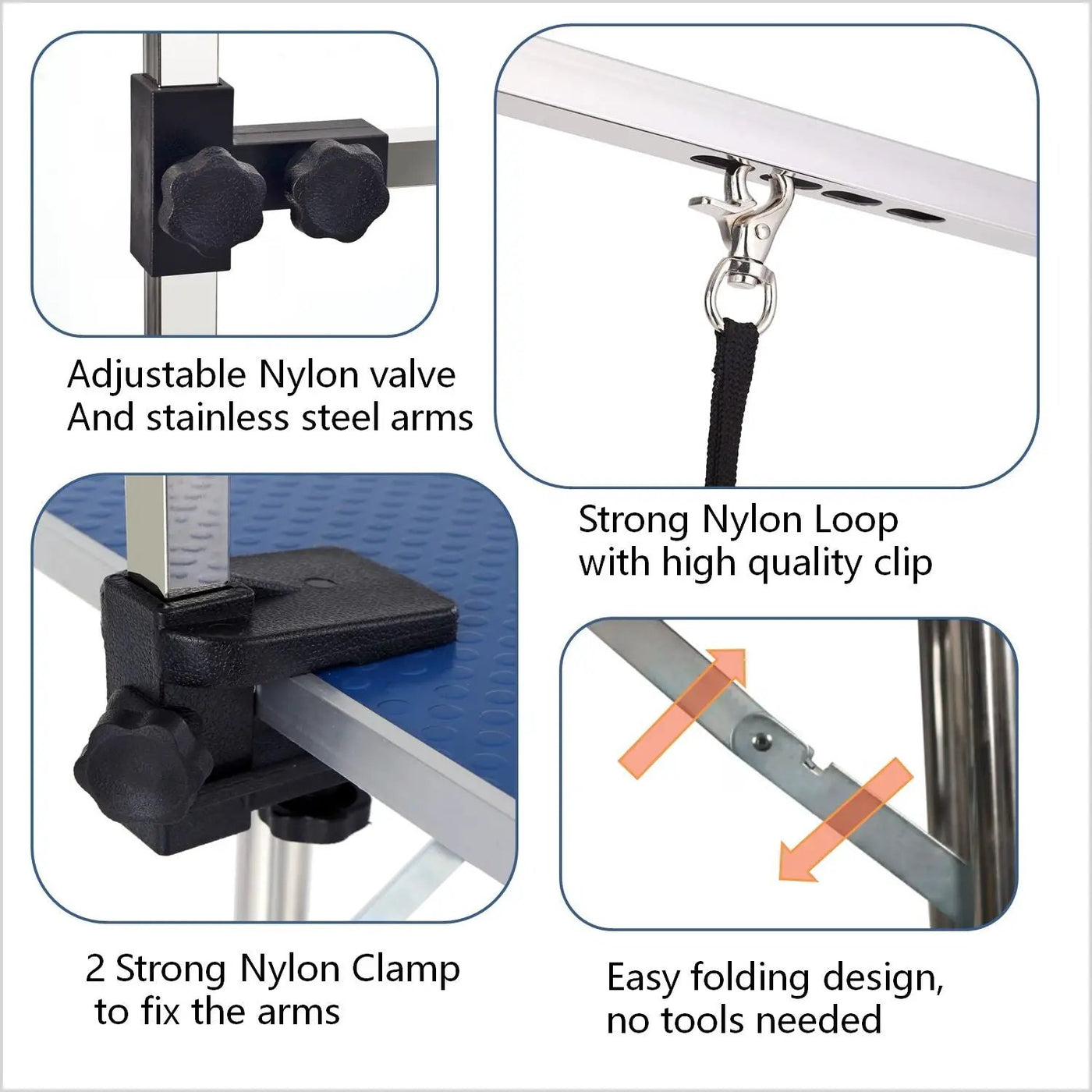 Folding Dog Pet Grooming Table Stainless Steel Frame Rubber Mat On Board With Adjustable Arm And Clamps Pet Dog Cat Grooming Table by HouseOfZazla