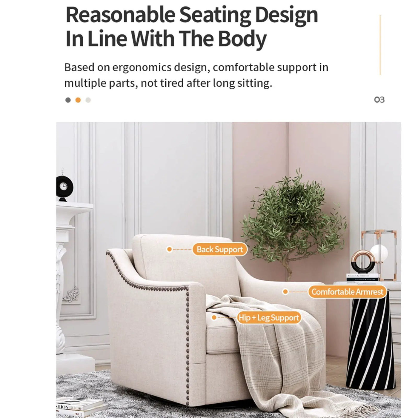 360 Degree Swivel Armchair, Skin Friendly Fabric, Ergonomic Design, Brass Nail Decorative Armchair by HouseOfZazla