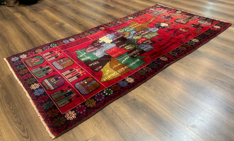 Afghan Rug 3x7, Map of Afghanistan, War Rug, Tribal Rug, Balouch Rug, New, Red by Jewel Rugs