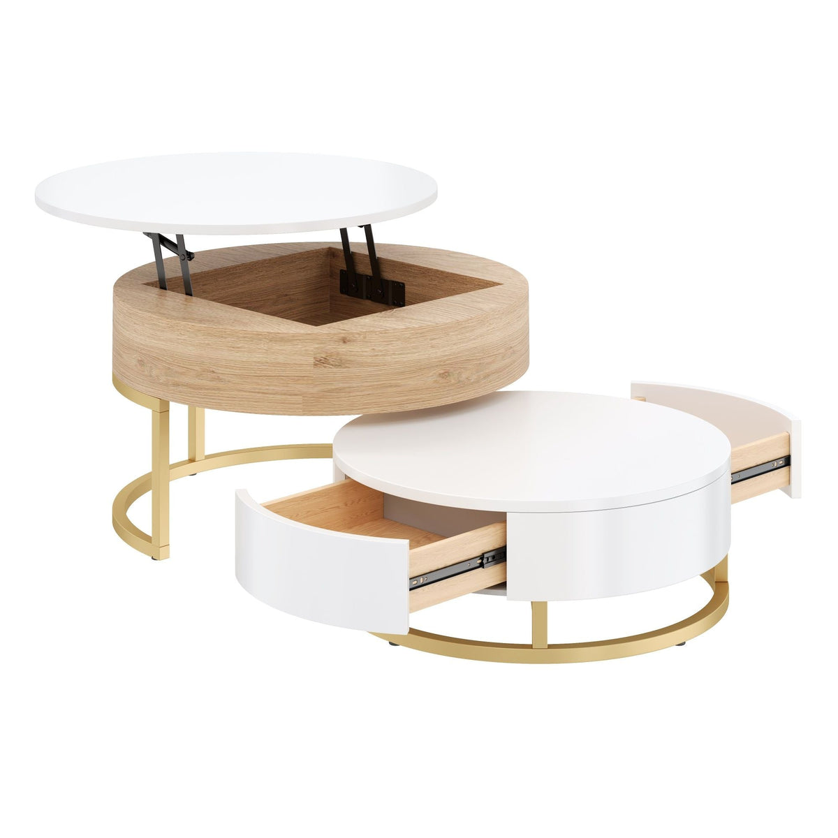 Modern Round Nesting Coffee Tables with Lift-Top and 2 Drawers - White or Black, photo 2 of 8