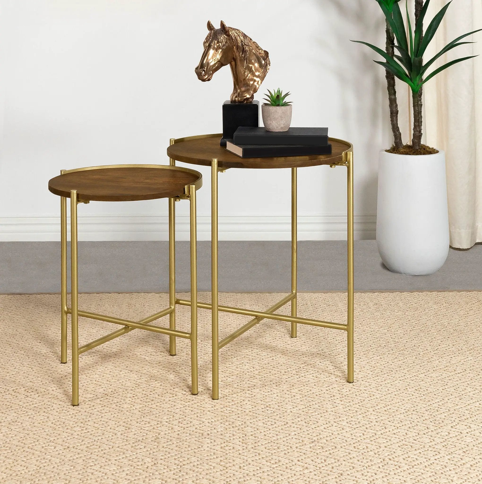 Malka 2-piece Round Wood Nesting Table Dark Brown and Gold by Unique Piece Furniture