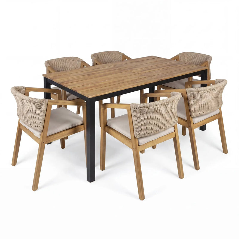7-Piece Outdoor Dining Set, Acacia Wood Table & 6 Acacia Wood Rope Chairs by HouseOfZazla