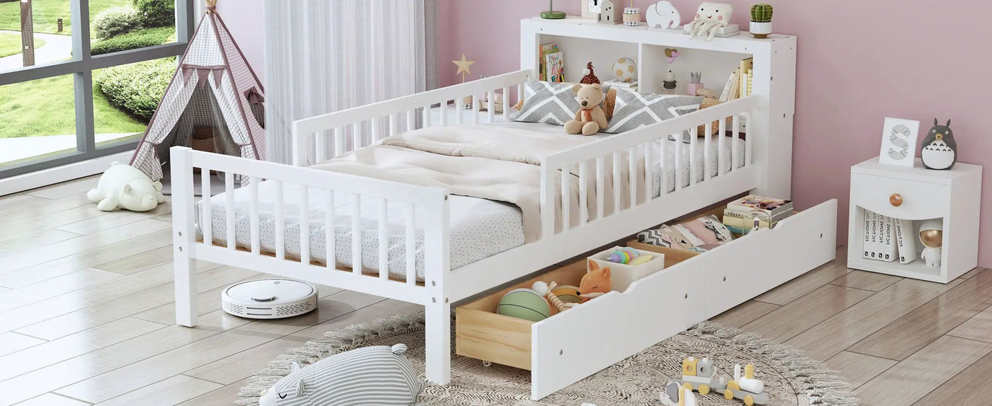 Bed With Headboard Storage Rack, 2 Under Bed Drawers, 3 Side Guardrails For Safety by HouseOfZazla