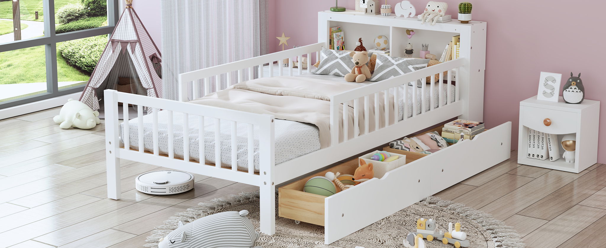 Bed With Headboard Storage Rack, 2 Under Bed Drawers, 3 Side Guardrails For Safety by HouseOfZazla