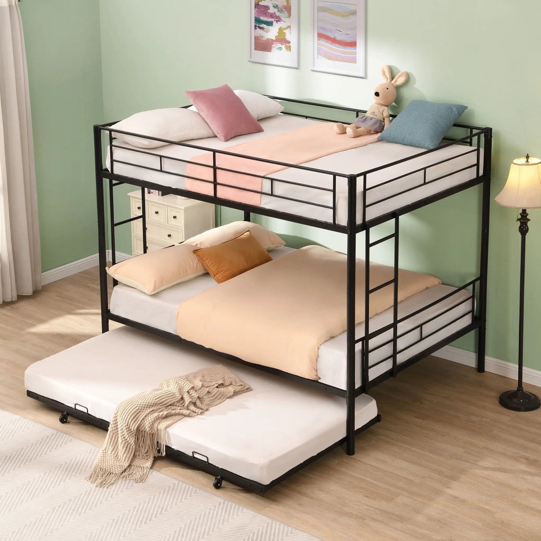 Full Over Full Modern Metal Bunk Bed With Trundle - Black by Unique Piece Furniture
