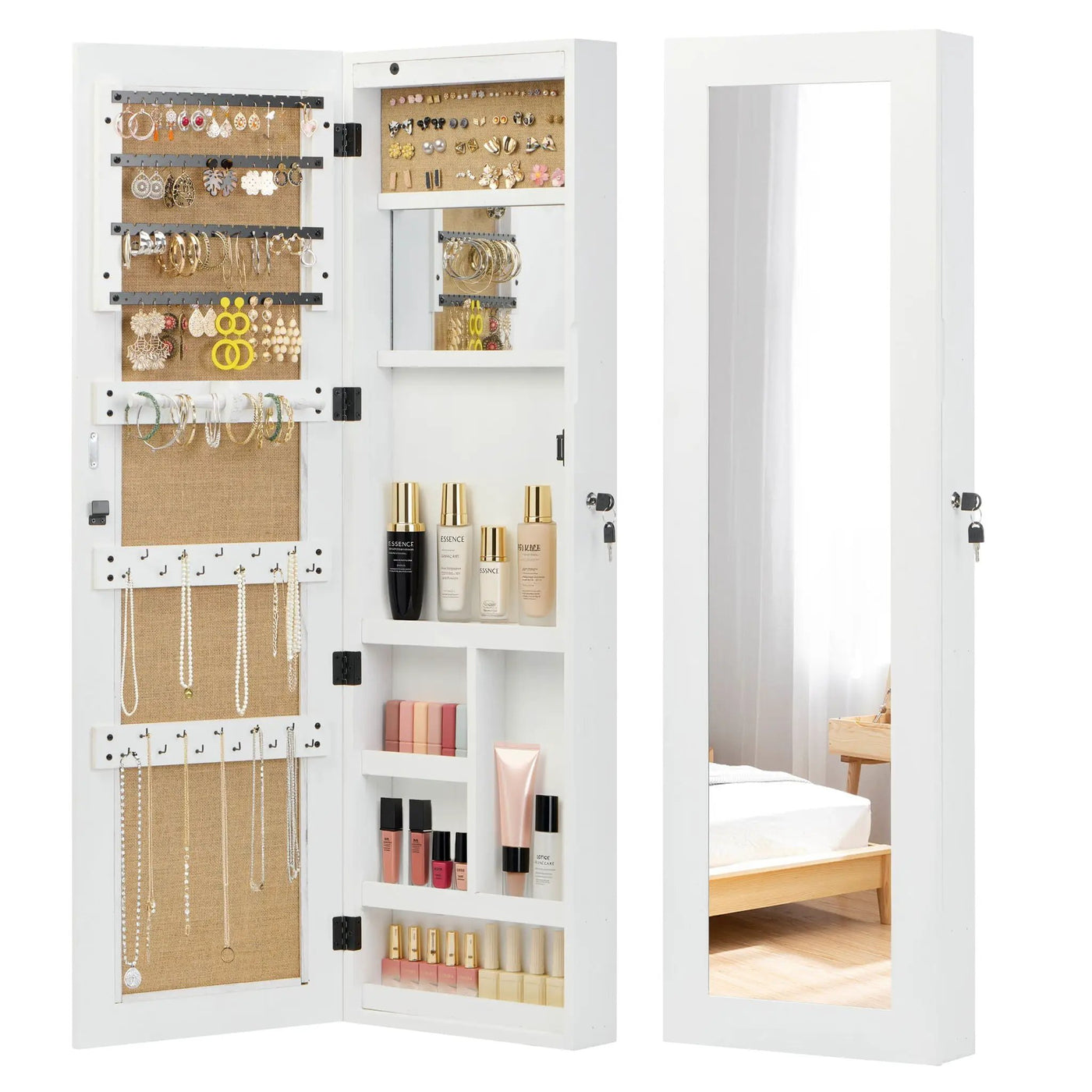 Jewelry Armoire Organizer With Full Length Mirror, Wall Mounted Lockable Cabinet With LED Light by HouseOfZazla