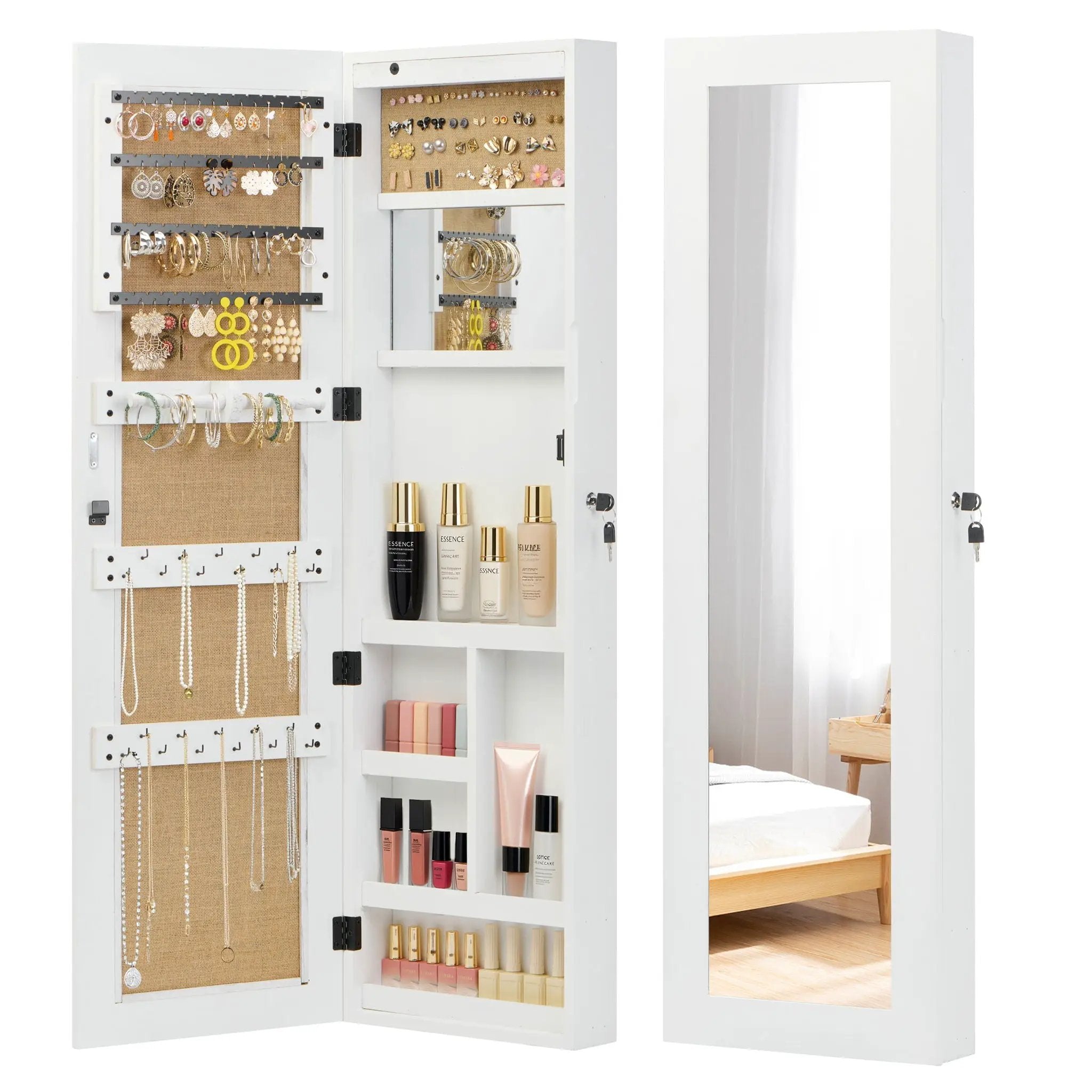 Jewelry Armoire Organizer With Full Length Mirror, Wall Mounted Lockable Cabinet With LED Light by HouseOfZazla