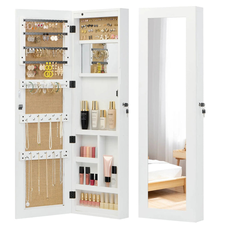 Jewelry Armoire Organizer With Full Length Mirror, Wall Mounted Lockable Cabinet With LED Light by HouseOfZazla