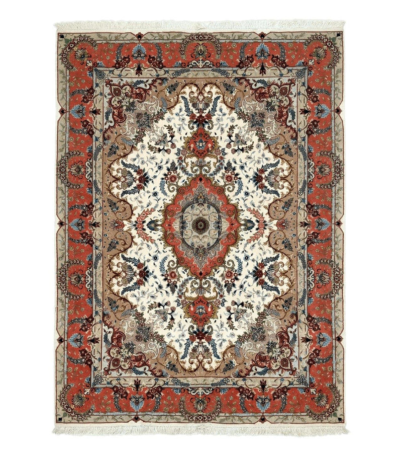 Wonderful Persian Tabriz Rug 5x7, Very Fine 440 KPSI, Ivory and Coral, Rare by Jewel Rugs