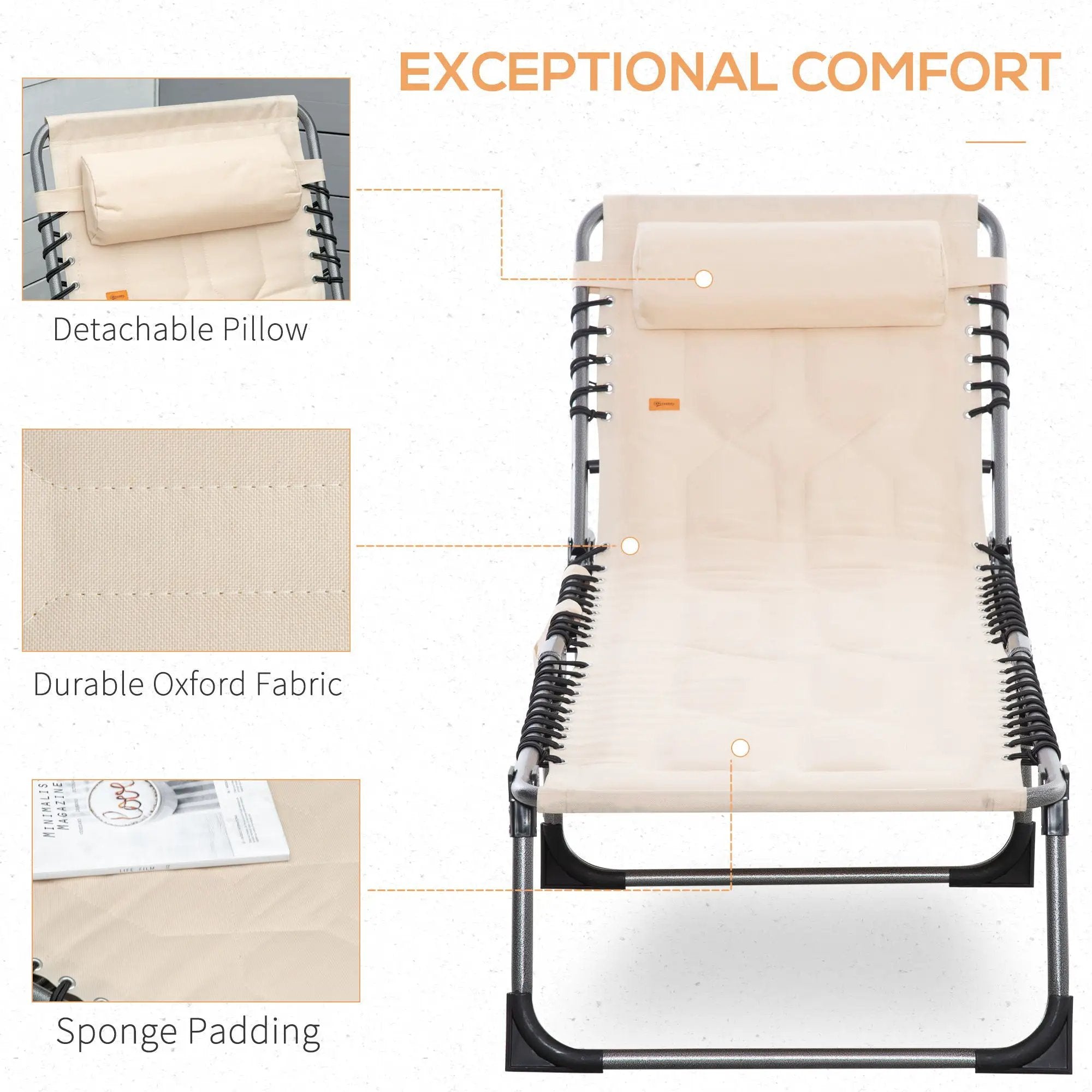 Outsunny - Padded Folding Chaise Lounge Chair, Outdoor 6-Level Reclining Camping Tanning Chair With Headrest For Beach, Yard, Patio, Pool - Beige by Unique Piece Furniture