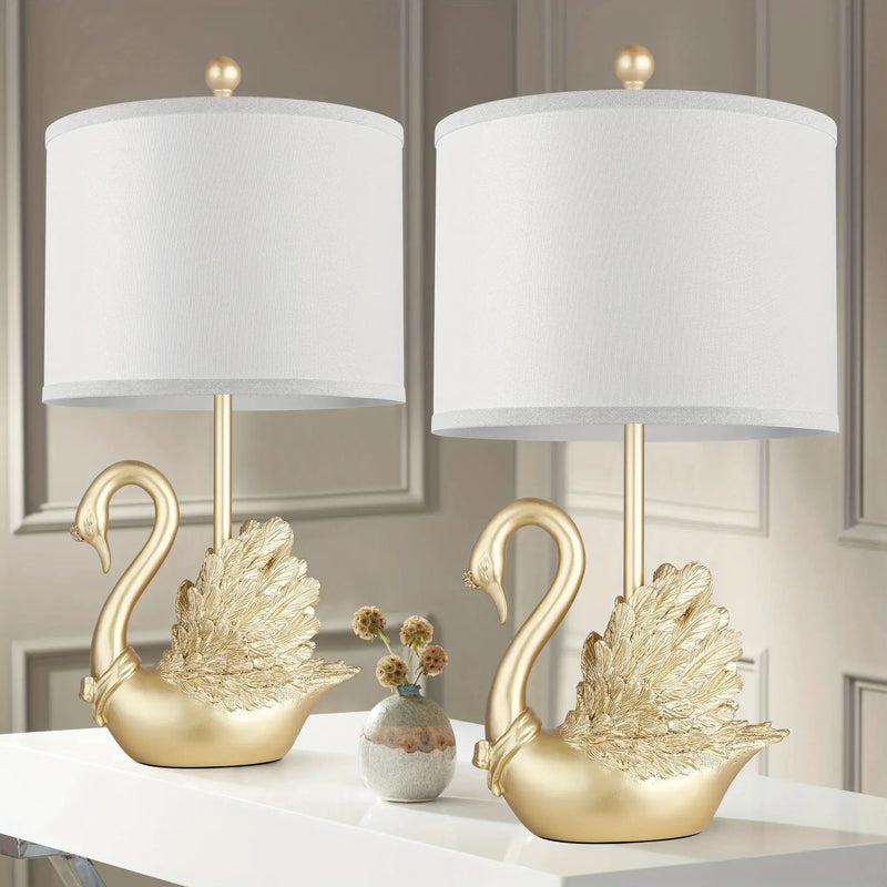 Two-Piece Set of Golden Brass Swan Table Lamps with LED Bulbs by HouseOfZazla