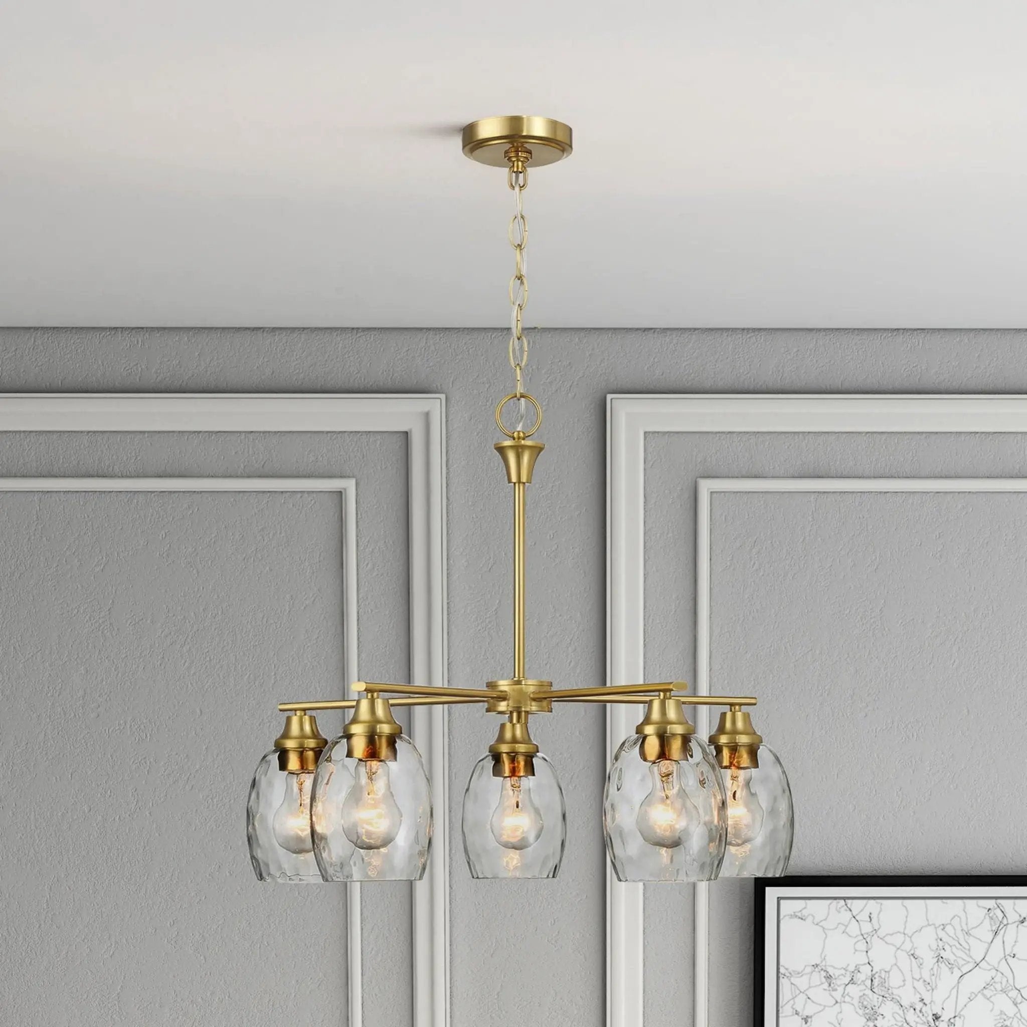 5 Lights Linear Arms With Chain Chandelier - Clear / Gold by HouseOfZazla