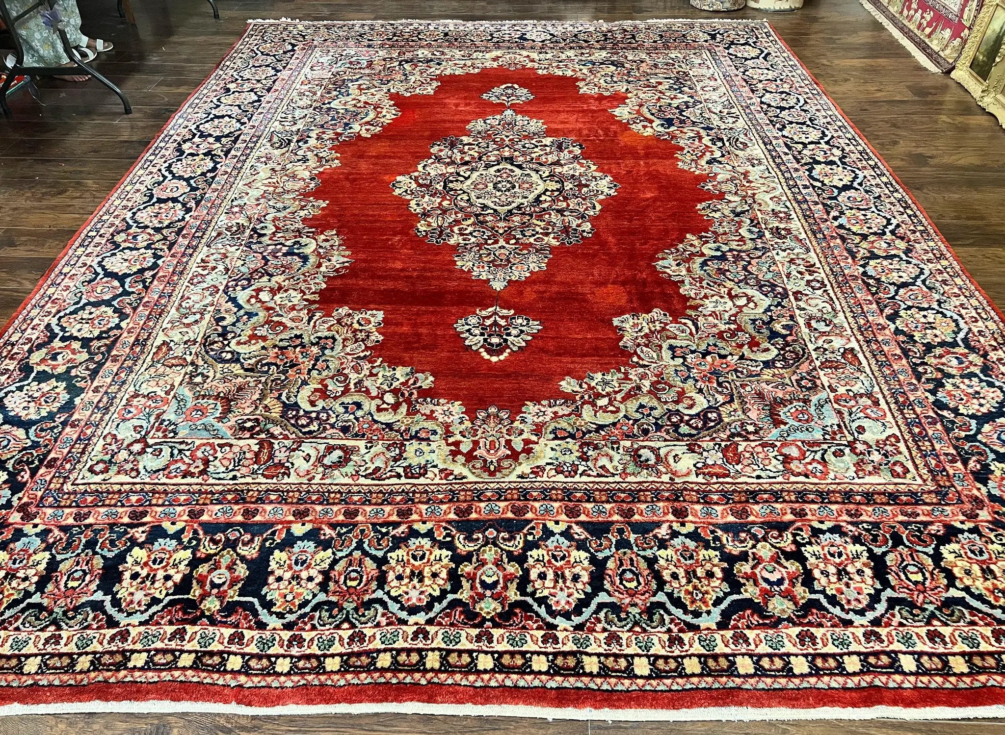 Persian Sarouk Rug 11x14, Semi Open Field, Large Antique Persian Wool Handmade Carpet, Red and Dark Blue, Floral by Jewel Rugs