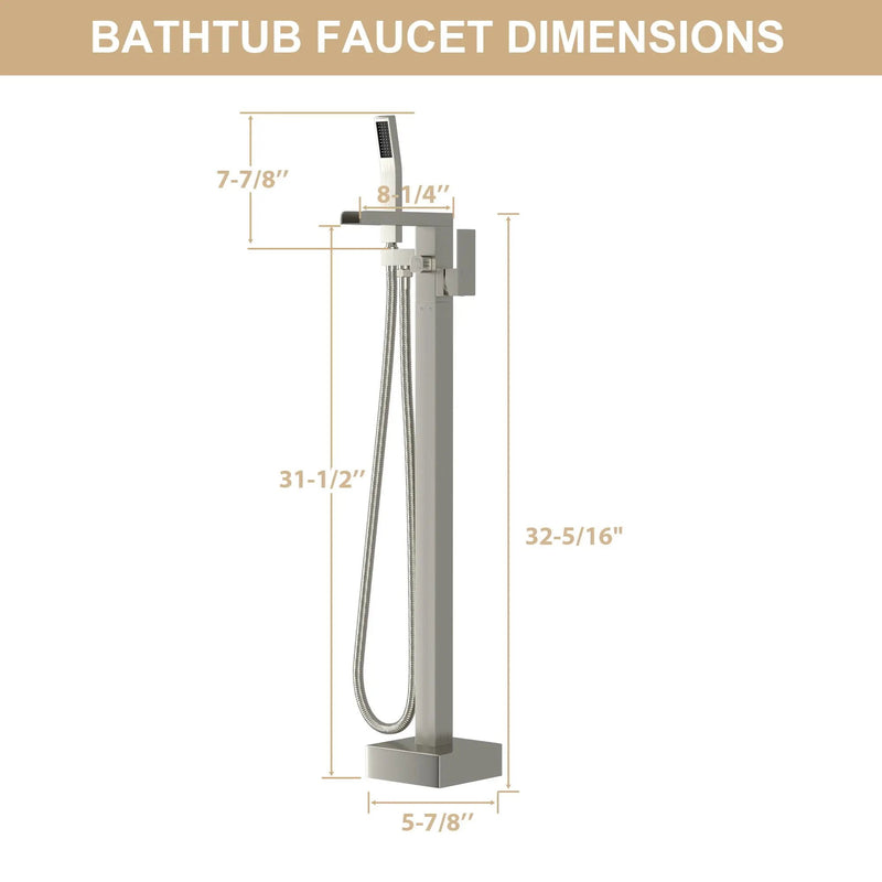 Freestanding Bathtub Faucet Waterfall Tub Filler Floor Mount Solid Brass With Hand Shower - Brushed Nickel by HouseOfZazla