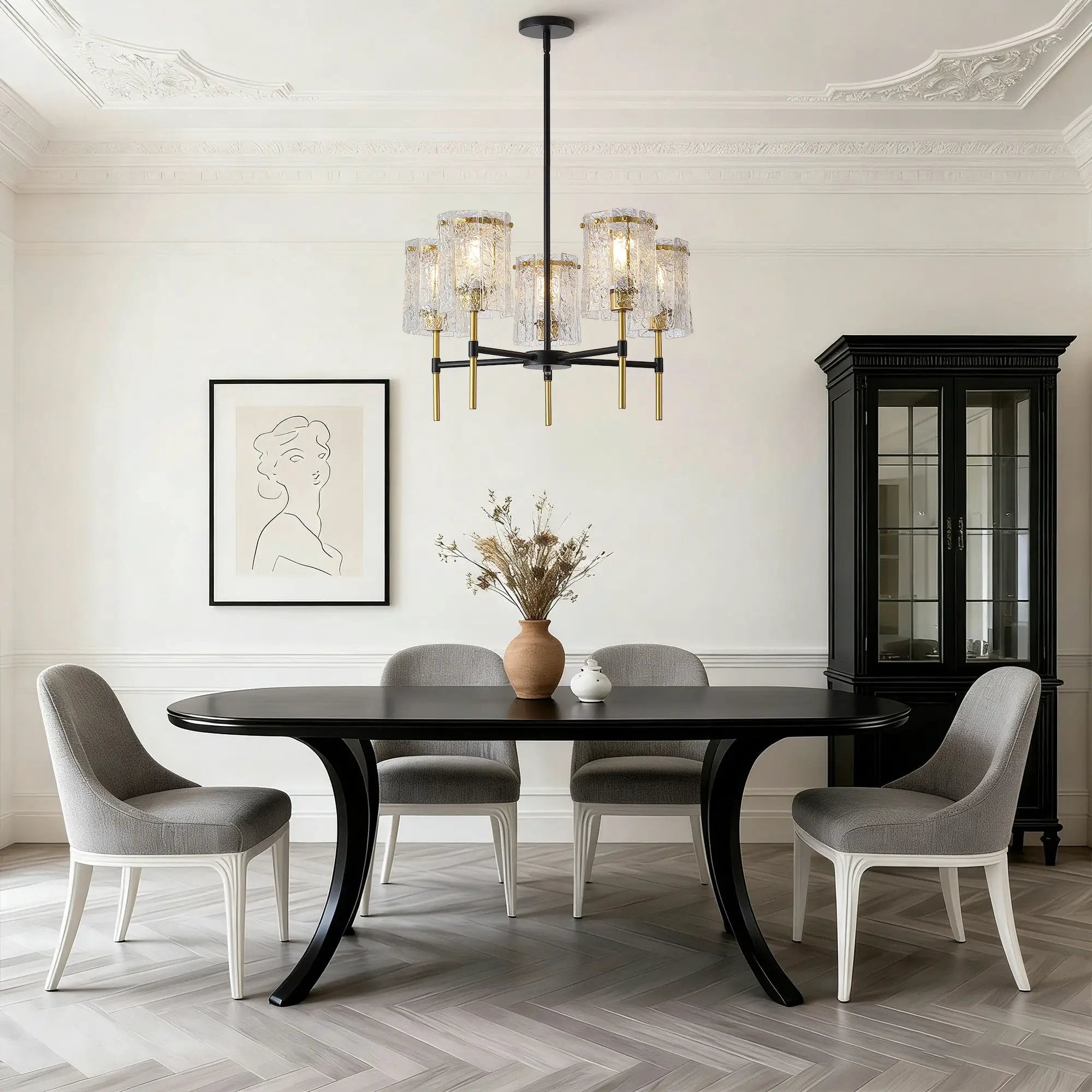 5 Light Chandelier, Textured Glass Pendant Light, (Not Including The Bulb) For Living Room - Black / Gold by Unique Piece Furniture