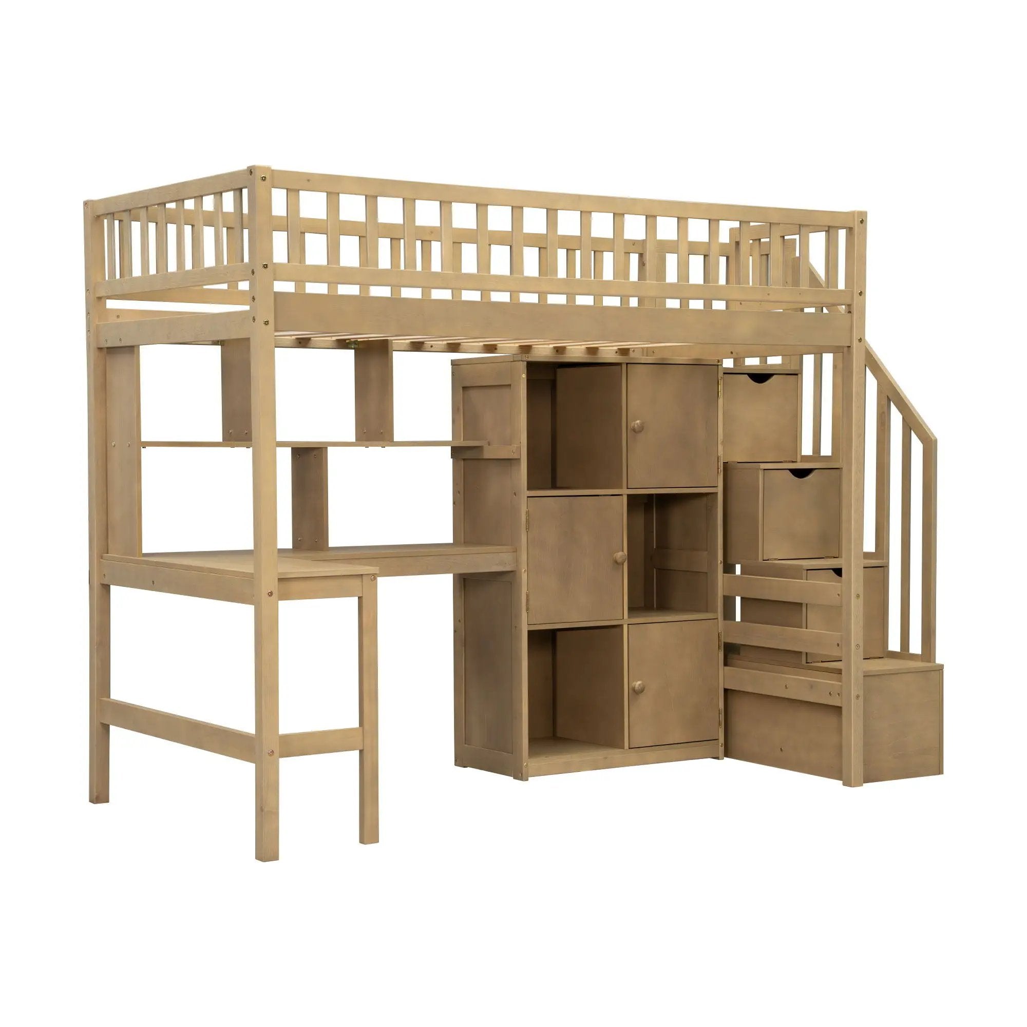 Loft Bed With Built In L Shaped Desk, LED Lights, Storage Shelves, Cabinets, And Staircase by HouseOfZazla
