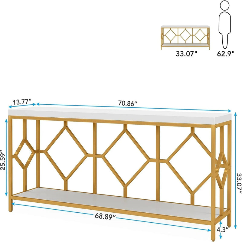 Extra Long Sofa Table With Diamond Pattern Frame, 2 Tier Open Storage For Living Room - White / Gold by HouseOfZazla