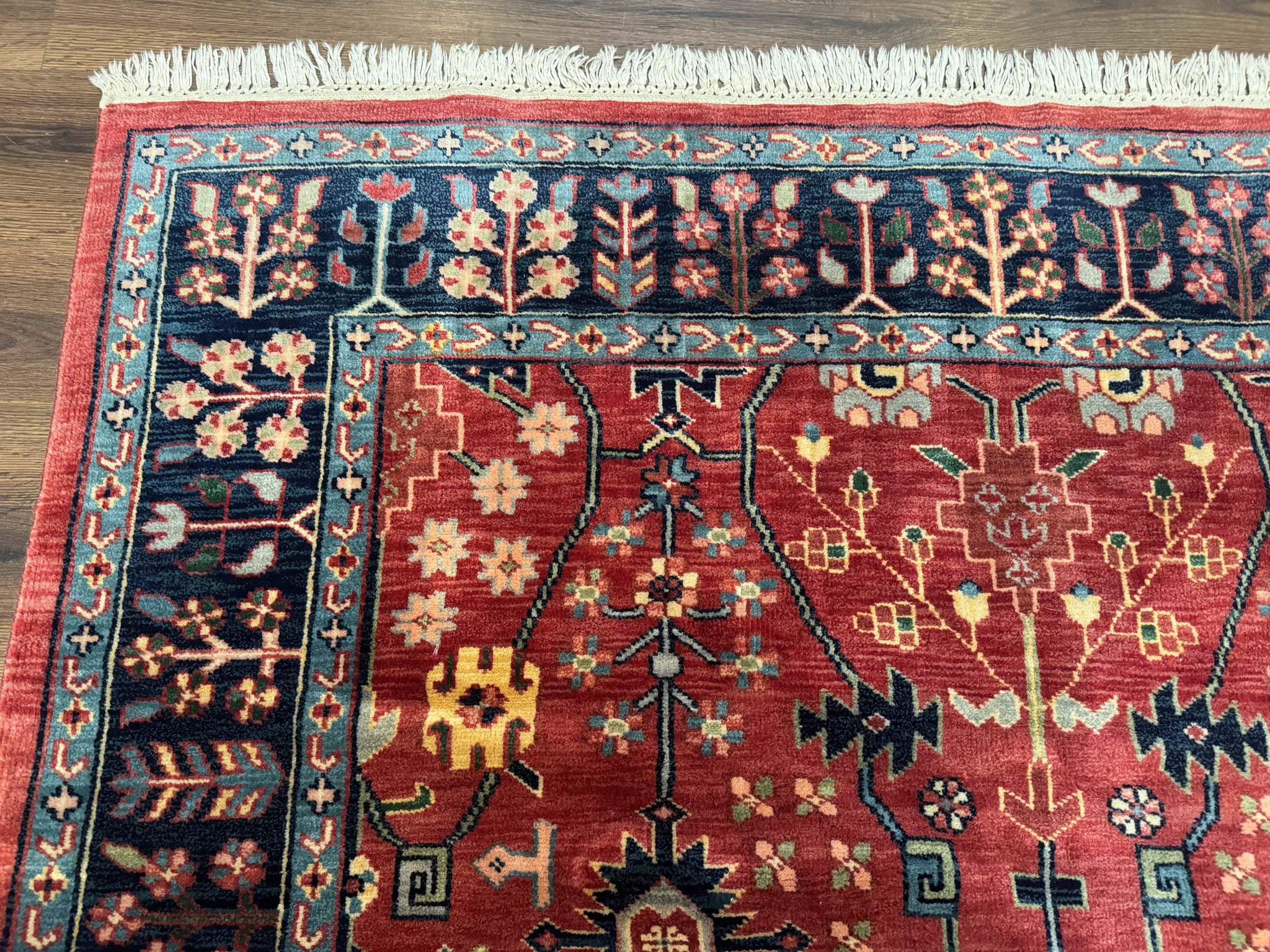 Indo Persian Heriz Serapi Rug 6x8, Rust Red and Navy Blue, Allover Pattern by Jewel Rugs