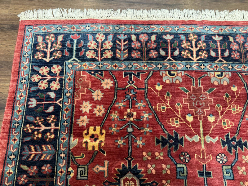 Indo Persian Heriz Serapi Rug 6x8, Rust Red and Navy Blue, Allover Pattern by Jewel Rugs