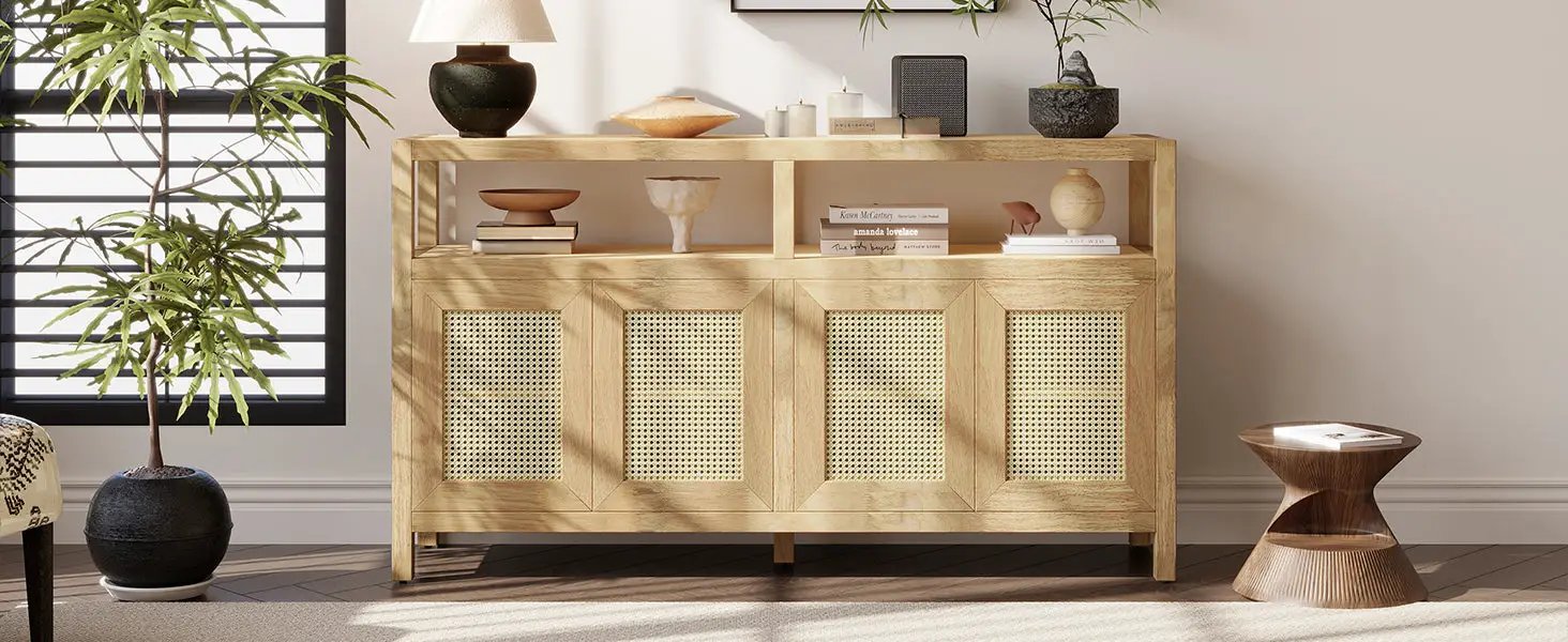 Bohemian Style Rattan Buffet Storage Cabinet with Solid Wood Frame by HouseOfZazla