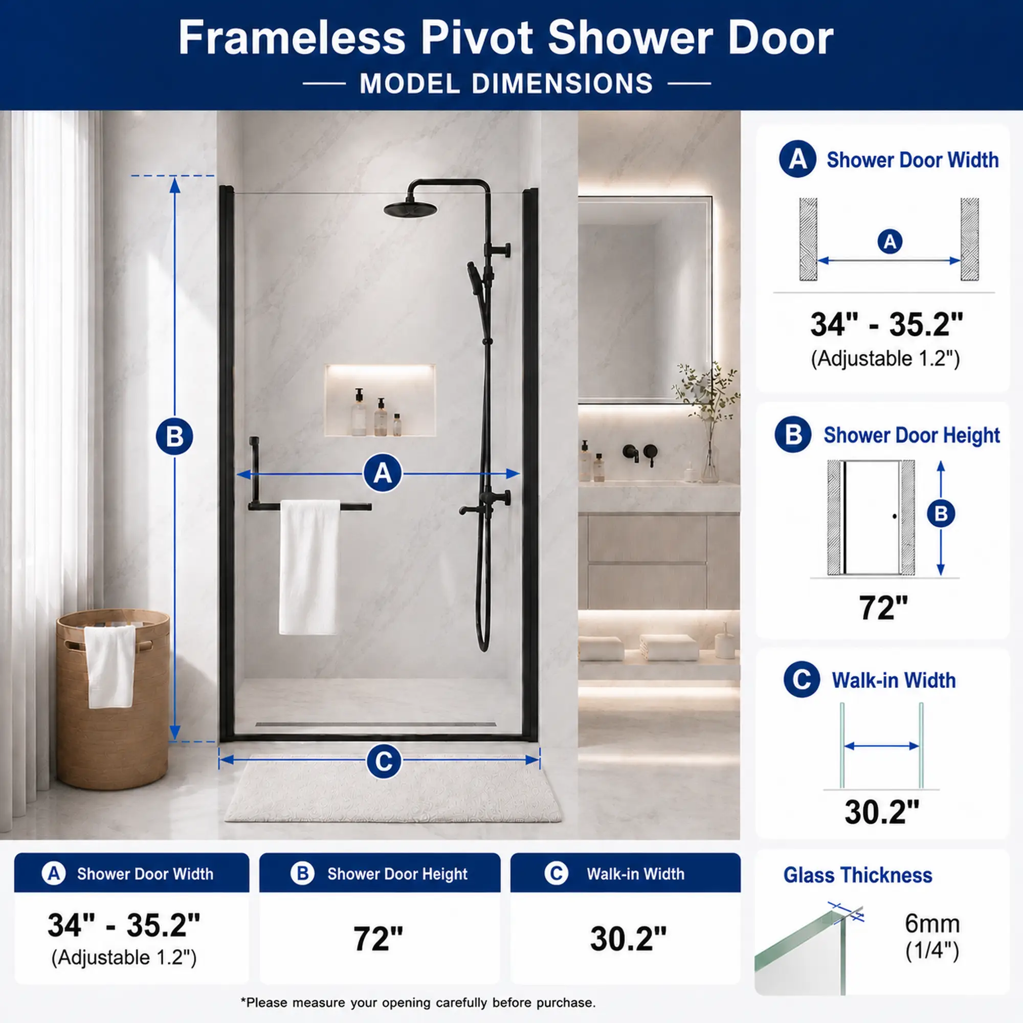 34"-35.2" x 72" Semi-Frameless Pivot Shower Door, Matte Finish by HouseOfZazla
