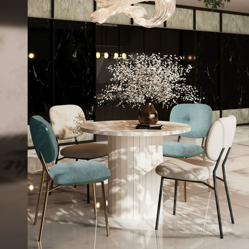 Modern 4 Person Dining Set With Bamboo & Table And Turquoise & Chairs Metal Legs, Space Saving Design - White by Unique Piece Furniture