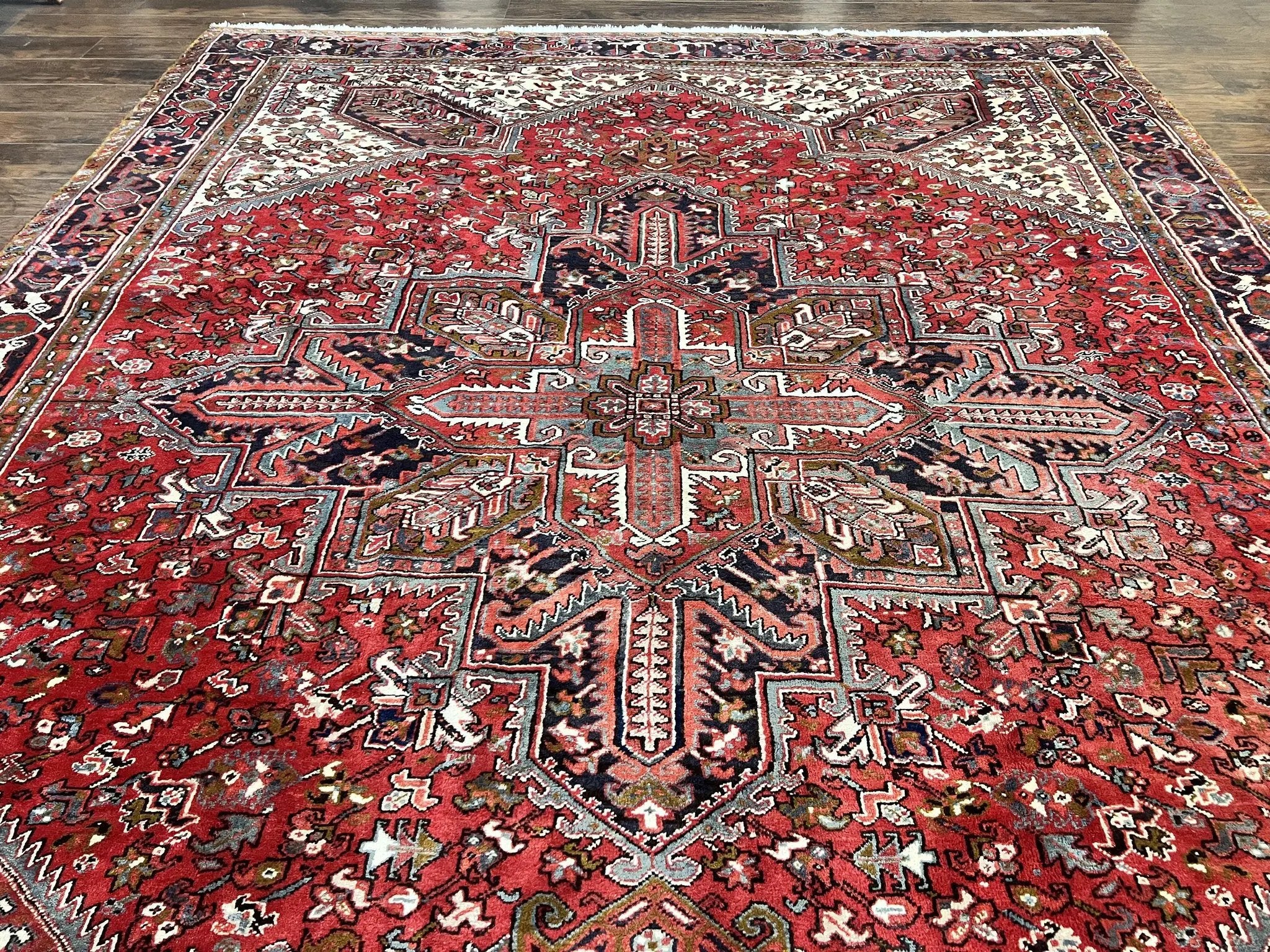 Large Persian Heriz Rug 10x13, Wool Hand Knotted Antique Carpet, Red and Ivory, Geometric Tribal Room Sized Rug, Decorative Oriental Rug by Jewel Rugs