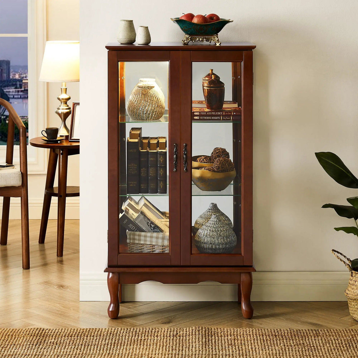 Curio Cabinet Lighted Curio Diapaly Cabinet With Adjustable Shelves And Mirrored Back Panel, Tempered Glass Doors (3 Tier), (E26 Light Bulb Not Included) by HouseOfZazla