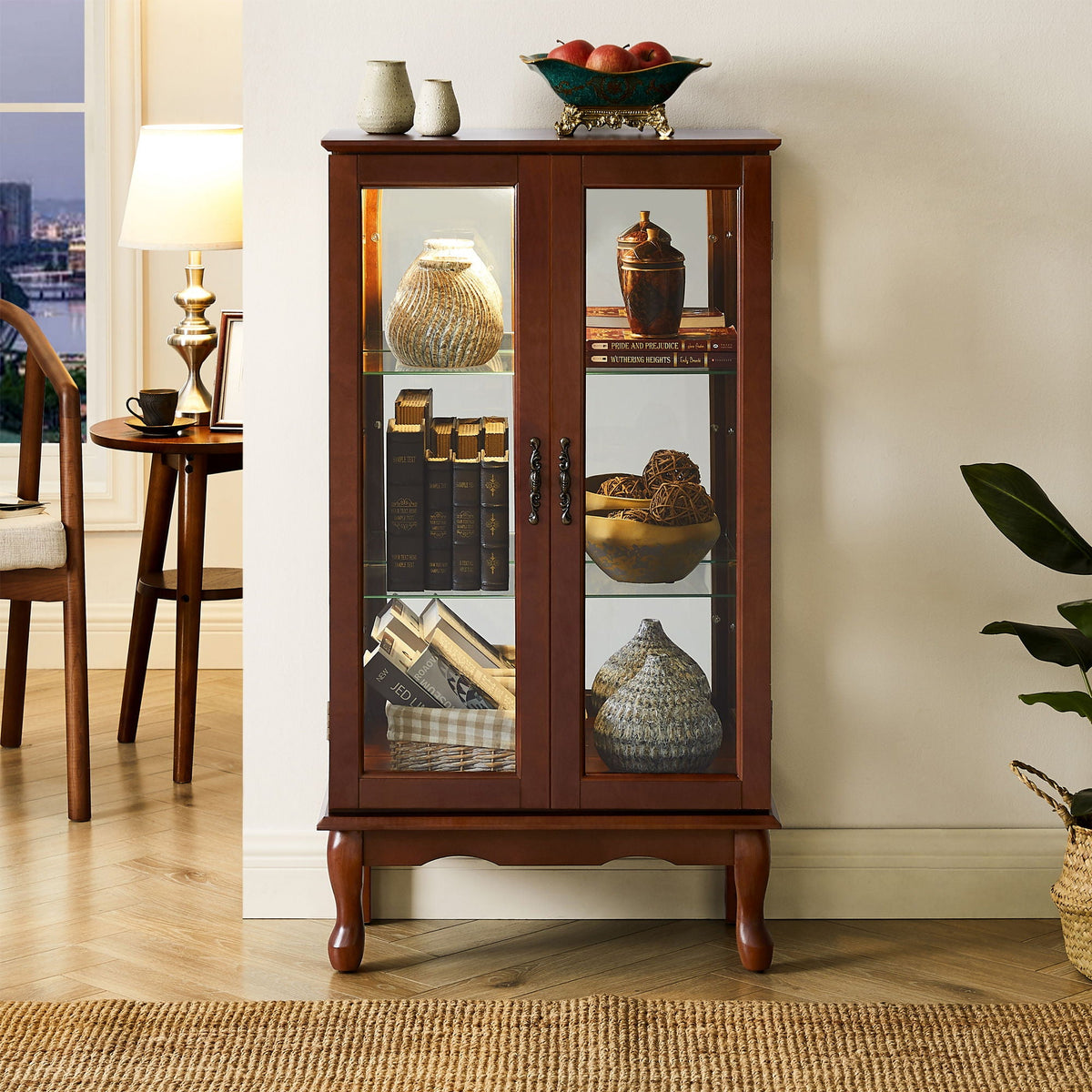 Lighted Curio Display Cabinet with Adjustable Shelves - Light Brown, Dark Brown, Dark Red, photo 5 of 40