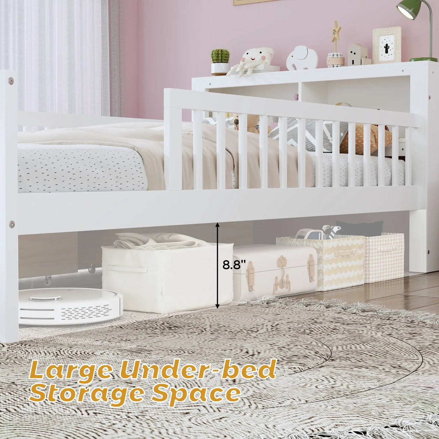 Bed With Headboard Storage Rack, 2 Under Bed Drawers, 3 Side Guardrails For Safety by HouseOfZazla