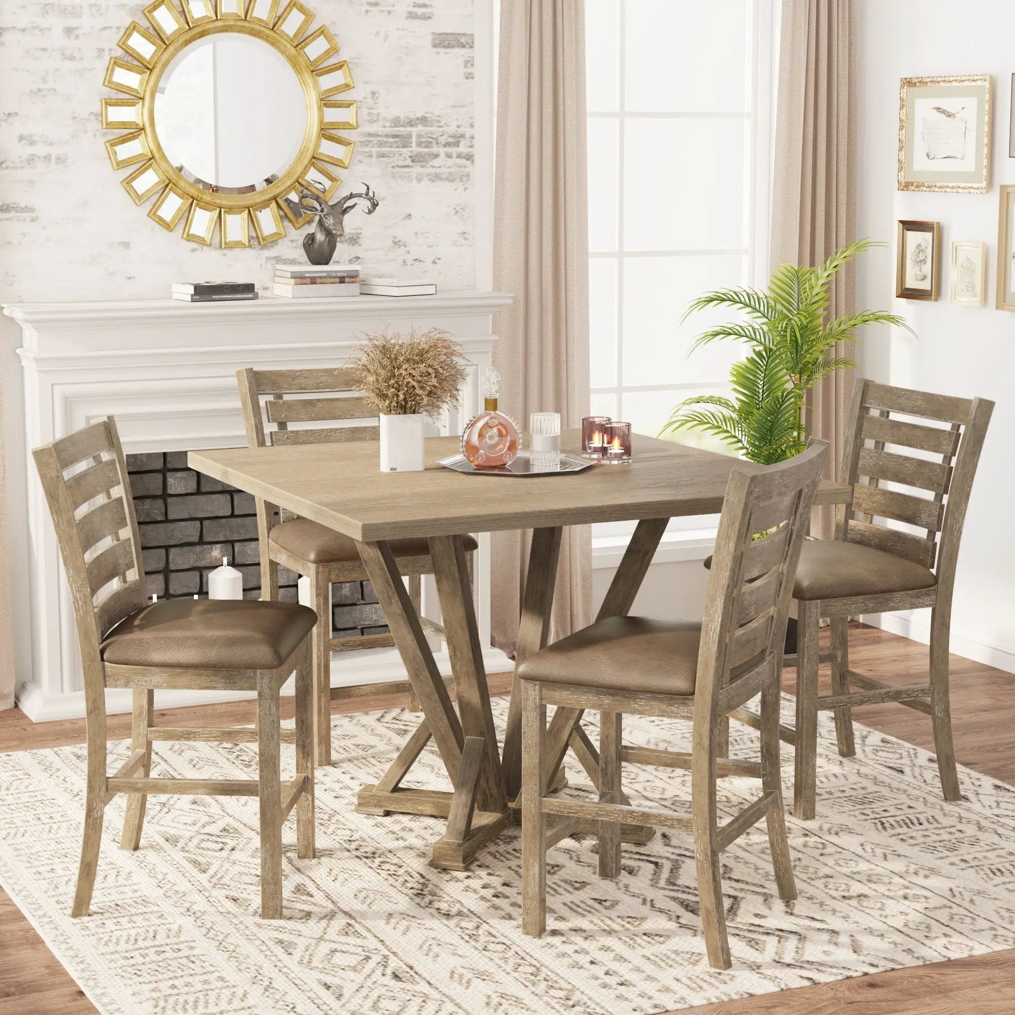 5 Pieces Set Counter Table Set Square Counter Table Solid Wood Modern Farmhouse Rustic Look Distressed Look - Grayish Brown by Unique Piece Furniture