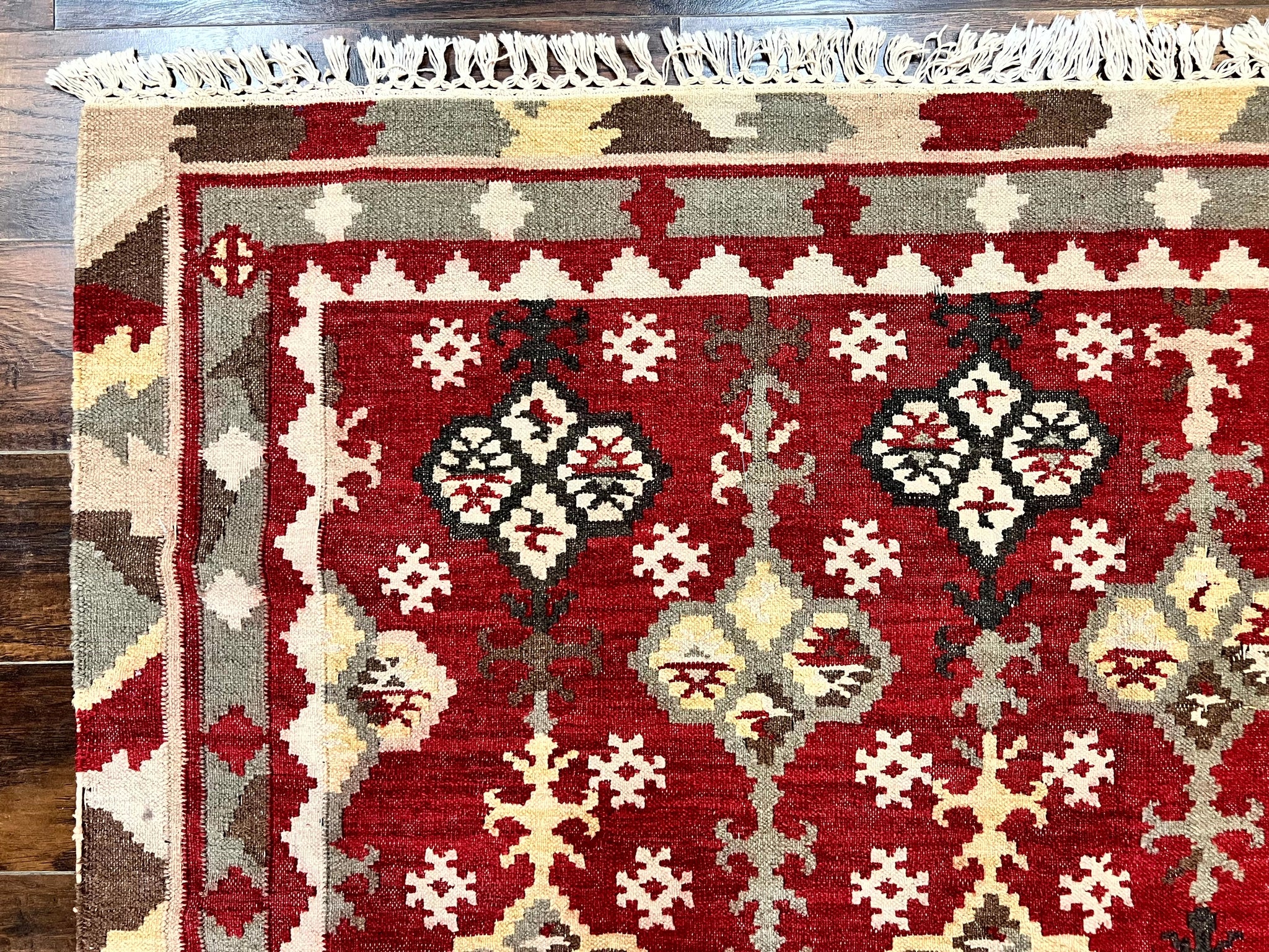 Indian Kilim Rug 6x6, Square Kilim Flatweave Carpet, Vintage Handmade Wool Rug, Red by Jewel Rugs