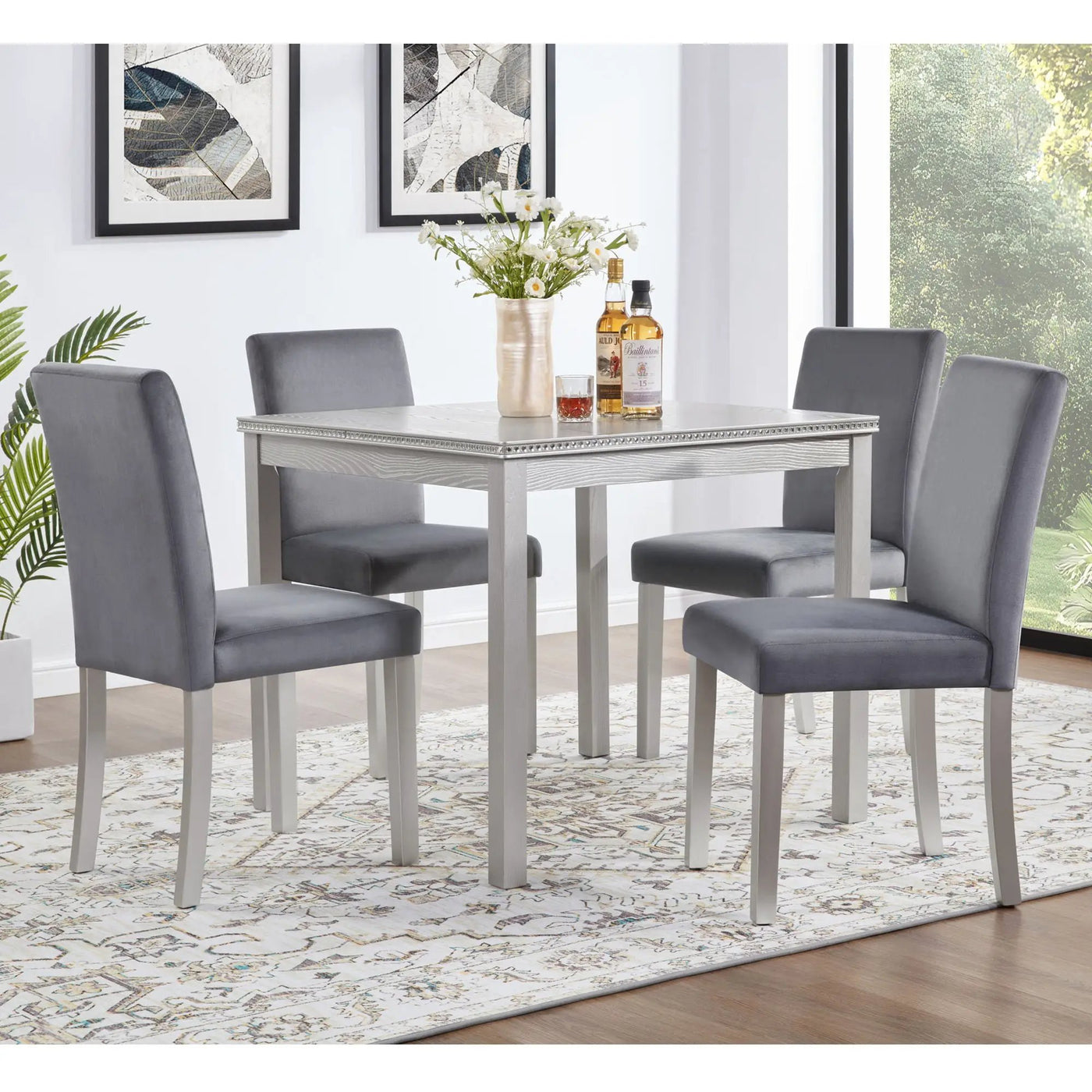 5 Pieces Wooden Dining Table Set, Square Table And 4 Upholstered Chairs by HouseOfZazla