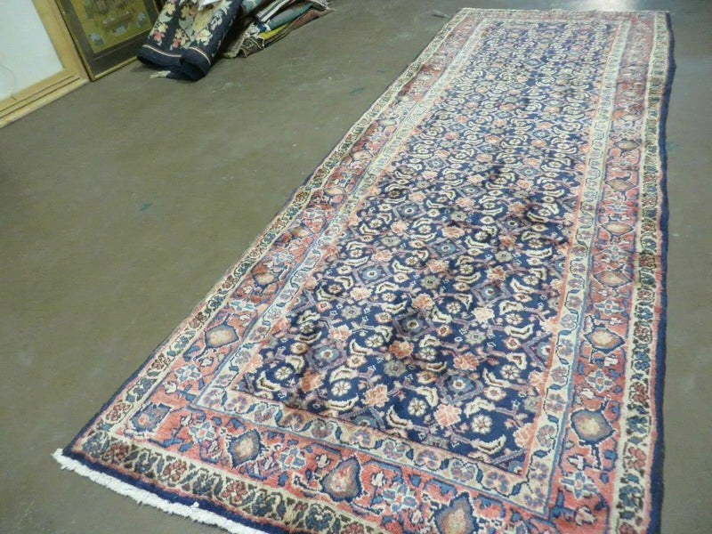 3'7" X 10' Antique Handmade India Floral Oriental Wool Runner Rug Organic Blue by Jewel Rugs