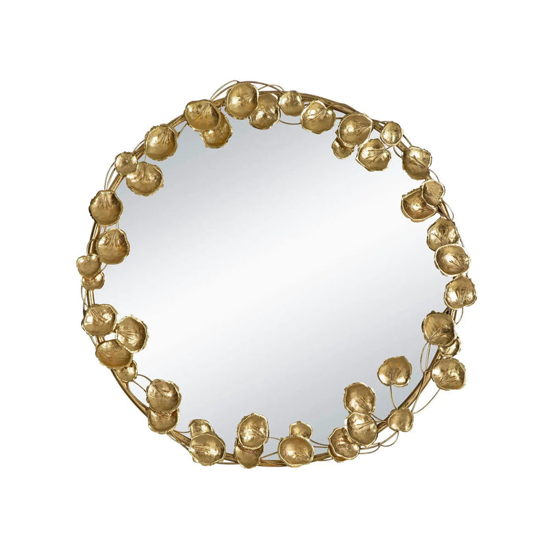 Round Metal Wall Mirror With en Leaf Accents, Modern Decor Mirror For Living Room Entryway Hallway - Gold by HouseOfZazla