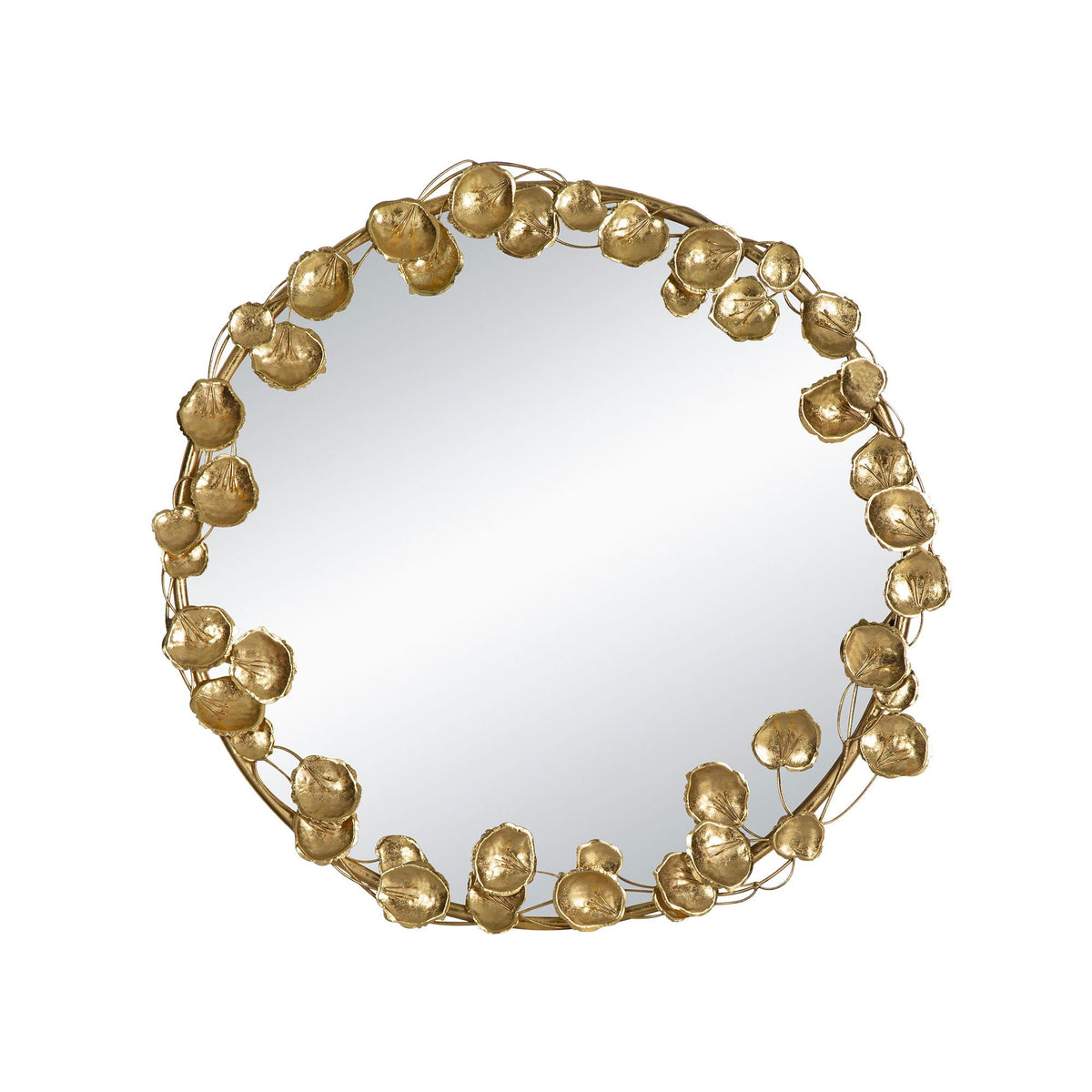 Round Metal Wall Mirror With Leaf Accents in Gold