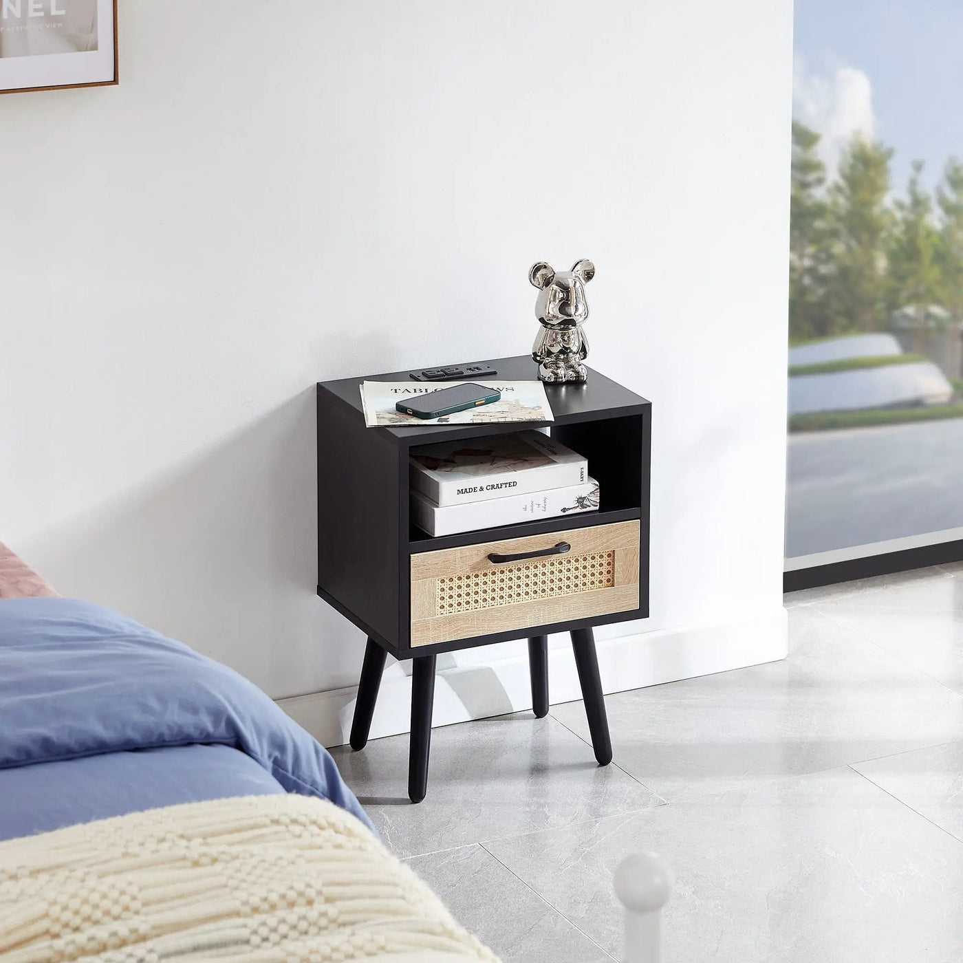 15.75" Rattan End Table With Power Outlet & USB Ports, Modern Nightstand With Drawer And Solid Wood Legs, Side Table For Living Room, Bedroom by HouseOfZazla