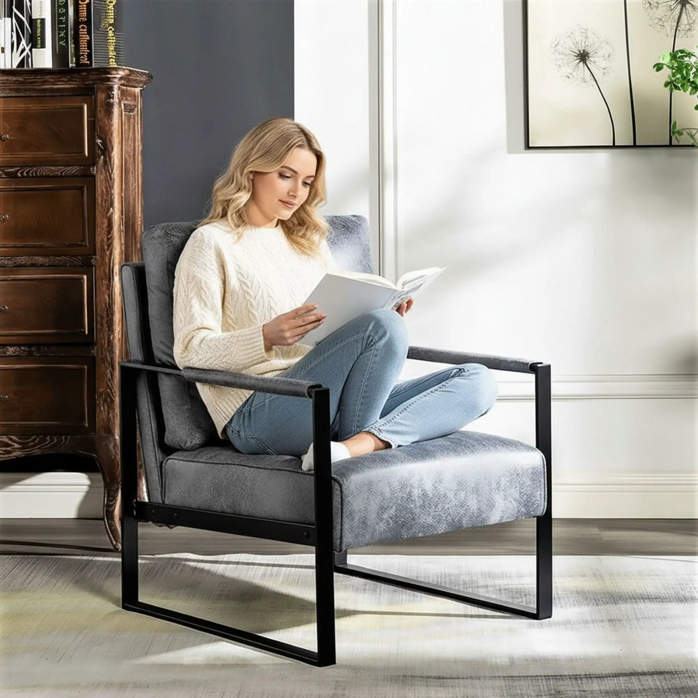 Classic Mid Century Modern Accent Chair With Durable Square Metal Frame, Armchair by Unique Piece Furniture
