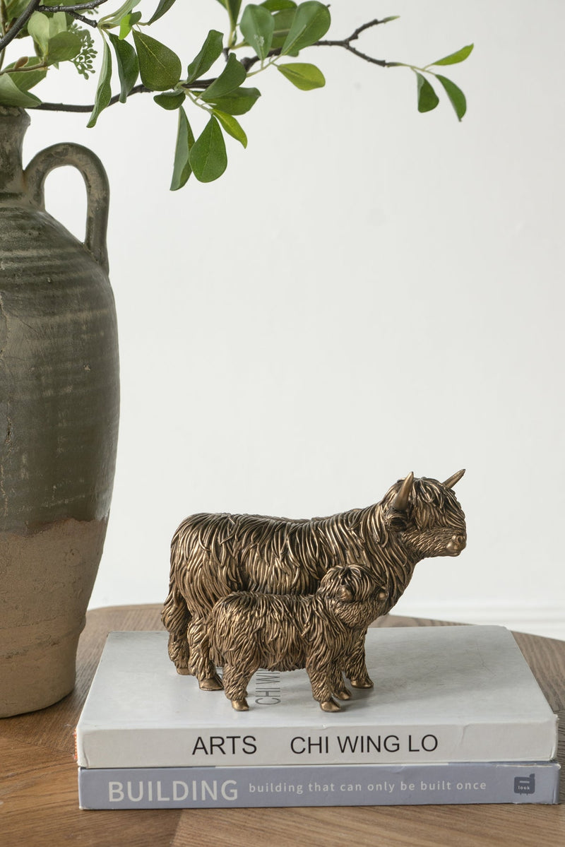 Antique Bronze Highland Cow and Calf Statue with Rustic Detail - Brown, photo 6 of 10