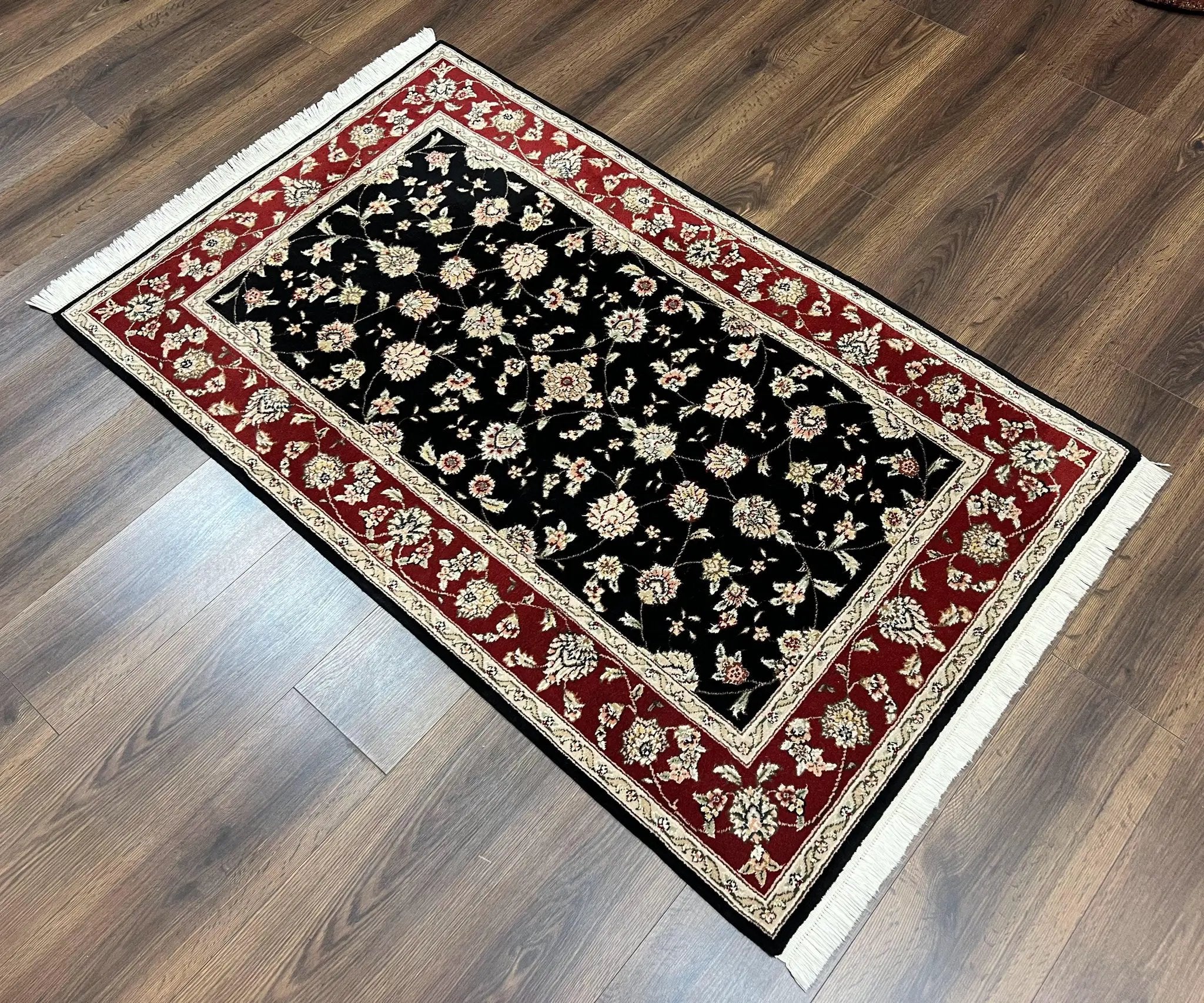 Pak Persian Rug 3x5, Black and Red, Floral Allover, Vintage Hand Knotted Wool Oriental Carpet, Pakistani Rug, Small Handmade Area Rug 3 x 5 by Jewel Rugs
