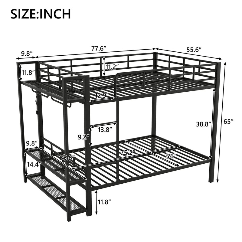 Bunk Bed With Storage Shelves, Clothes Hooks, LED Light by Unique Piece Furniture
